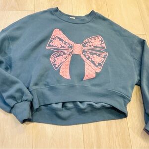 Blue Sweatshirt with Pink Bow Design